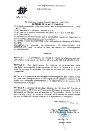 26 AT 1042 Réglementation Du Stationnement Rue Lemerchier Le 31 07 2026  - Publiée Le 28 07 2026