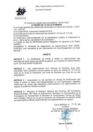 26 AT 1043 Réglementation Du Stationnement Rue Saint Fuscien Le 03 08 2026  - Publiée Le 28 07 2026