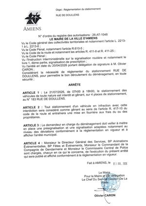 26 AT 1048 Réglementation Du Stationnement Rue De Doullens Le 21 07 2026 - Publiée Le 28 07 2026
