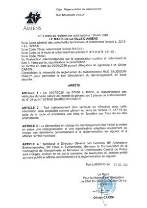 26 AT 1049 Réglementation Du Stationnement Rue Baudouin D'Ailly Le 10 07 2026  - Publiée Le 28 07 2026