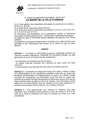 26 AT 1073 Réglementation Du Stationnement Et De La Circulation Passage Du Sourire D'Avril Du 20 07 2026 Au 14 08 2026   - Publiée Le 28 07 2026