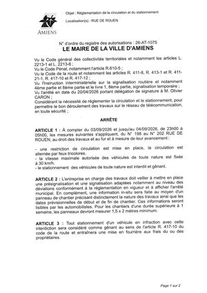 26 AT 1075 Réglementation Du Stationnement Et De La Circulation Rue De Rouen Du 03 09 2026 Au 04 09 2026  - Publiée Le 28 07 2026