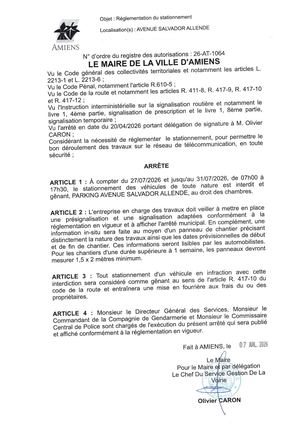 26 AT 1064 Réglementation Du Stationnement Avenue Salvador Allende Du 27 07 2026 Au 31 07 2026  - Publiée Le 28 07 2026