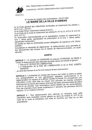 26 AT 1060 Réglementation Du Stationnement Rue De L'Abreuvoir Et Rue Joseph Masson Du 03 08 2026 Au 07 08 2026 - Publiée Le 28 07 2026