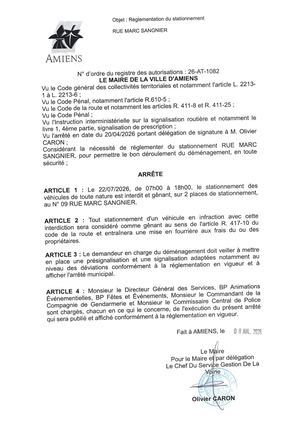 26 AT 1082 Réglementation Du Stationnement Rue Marc Sangnier Le 22 07 2026  - Publiée Le 28 07 2026