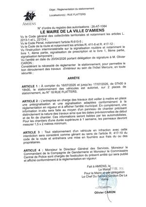 26 AT 1084 Réglementation Du Stationnement Rue Flatters Du 16 07 2026 Au 17 07 2026  - Publiée Le 28 07 2026