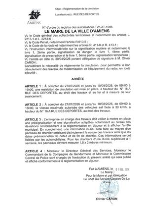 26 AT 1086 Réglementation  De La Circulation Rue Des Deportes Du 27 07 2026 Au 10 08 2026  - Publiée Le 28 07 2026