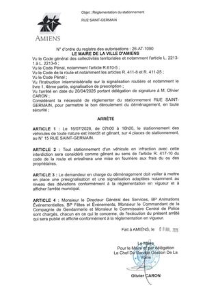 26 AT 1090 Réglementation Du Stationnement Rue Saint Germain Le 16 07 2026  - Publiée Le 28 07 2026