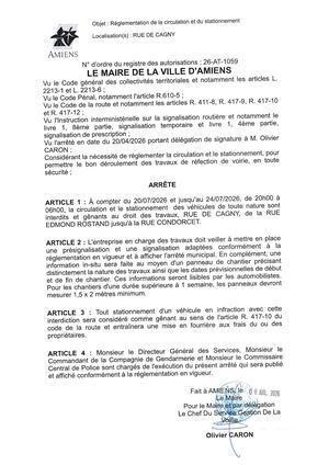 26 AT 1059 Réglementation Du Stationnement Et De La Circulation Rue De Cagny Du 20 07 2026 Au 24 07 2026  - Publiée Le 28 07 2026