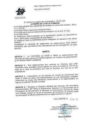 26 AT 1091 Réglementation Du Stationnement Rue Saint Jacques Le 16 07 2026  - Publiée Le 28 07 2026