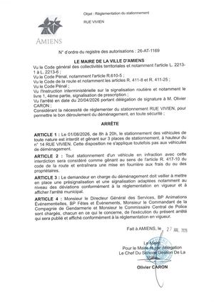 26 AT 1169 Réglementation Du Stationnement Rue Vivien Le 01 08 2026  - Publiée Le 28 07 2026