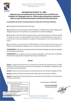 Decision N16 2026 Signature Du Renouvellement De Convention Avec La Ccve Et Les Potagers Du Telegraphe Pour La Mise En Place De Paniers Solidaires