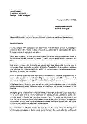 Courrier Maire_Mise à disposition des procès-verbaux des Conseils