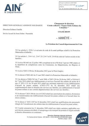 Arrêté Changement De Direction Crèche Collective Esapce Petite Enenfance Du Colombier Culoz Beon