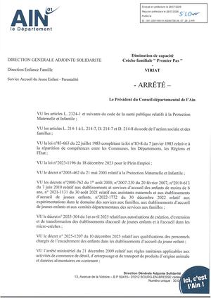 Arrêté Diminutiion De Capacité Crèche Familiale Premier Pas Viriat