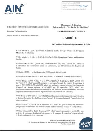 Arrêté Changement De Direction Crèche Collective Le Jardin Des Libellules Saint Trivier De Courtes