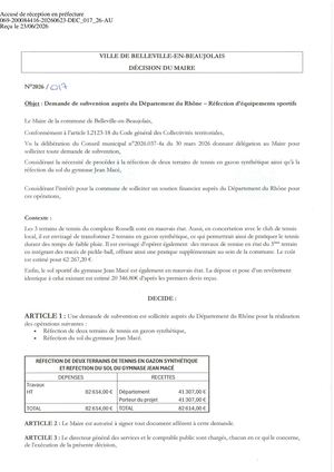 DEC 017 26 ACTE TPN Subvention Département Du Rhône - Réfection D'équipement Sportif