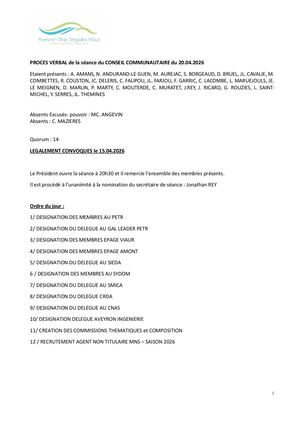 Procès Verbal De La Séance Du Conseil Communautaire Du 20 Avril 2026