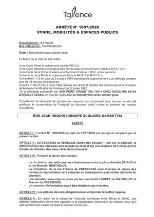 Arrete 1807-2026-Manutention Avec Camion Grue Rue Jean Iriquin Du 3 Au 08-08-2026-Publié Le 29 07 2026