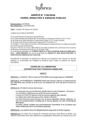 Arrete 1784-2026-Creation Reseau De Chaleur Cours De La Liberation Du 1er Au 14-08-2026-Publié Le 29 07 2026