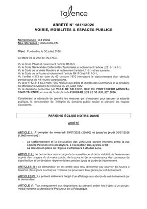 Arrete 1811-2026-Funerailles Parking De L'eglise Notre Dame Le 30-07-2026-Publié Le 29 07 2026