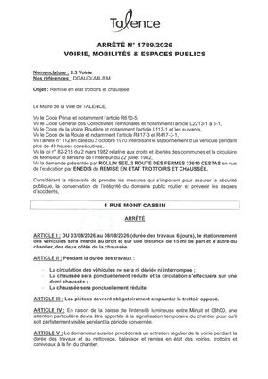 Arrete 1789-2026-Remise En Etat Trottoirs Et Chaussee 1 Rue Mont Cassin Du 3 Au 08-08-2026-Publié Le 29 07 2026