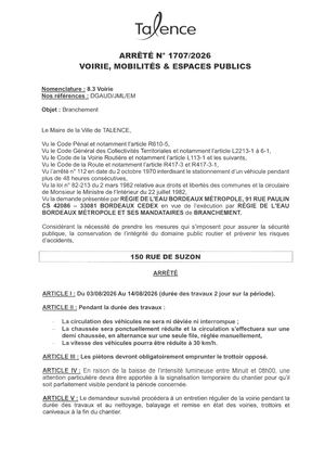 Arrete 1707-2026-Branchement 150 Rue De Suzon Du 3 Au 14-08-2026-Publié Le 29 07 2026