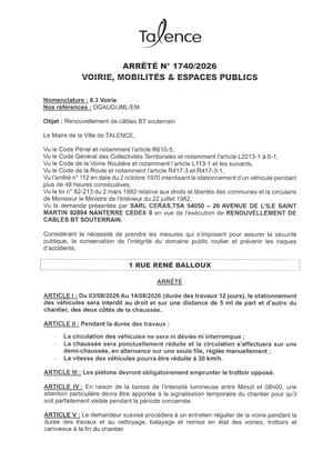 Arrete 1740-2026-Renouvellement Cable Bt Souterrain 1 Rue Rene Balloux Du 3 Au 14-08-2026-Publié Le 29 07 2026