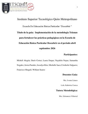 Implementación De La Metodología Tekman Para Fortalecer Las Prácticas Pedagógicas En La Escuela De Educación Básica Particular Descubrir En El Periodo Abril Septiembre 2026