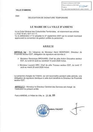 AR1 2026 01190 - Delegation Temporaire Absence Henri MONTIGNY_ Ete 2026 VIA Publiée Le 30 07 2026