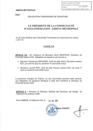 AR1 2026 01191 - Delegation Temporaire Absence Henri_ MONTIGNY CA Ete 2026 Publiée Le 30 07 2026