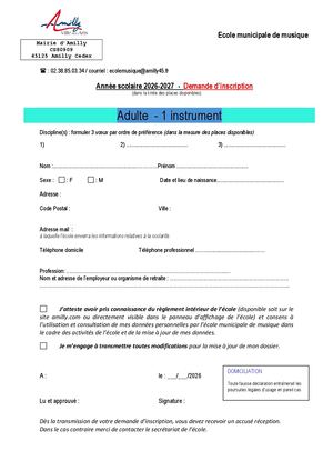 École De Musique Adulte 1 Instrument Demande D'inscription 2026 2027