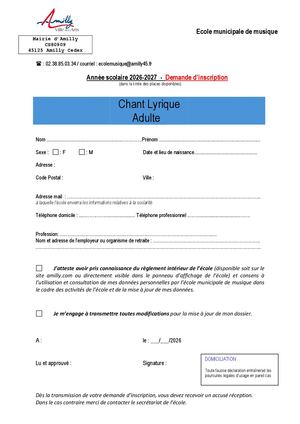 École De Musique Adulte Chant Demande D'inscription 2026 2027