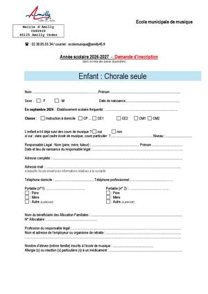 École De Musique Enfant Chorale Seule Demande D'inscription 2026 2027