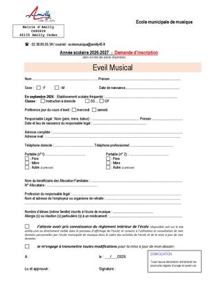 École De Musique Enfant Eveil Musical Demande D'inscription 2026 2027