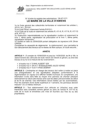 26 AT 1171  Réglementation Du Stationnement Mail Albert 1er - Boulevard Jules Verne Et Rue Debray Du 10 08 2026 Au 14 08 2026 - Publiée Le 30 07 2026
