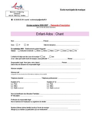 École De Musique Enfant Ados Chant Demande D'inscription 2026 2027