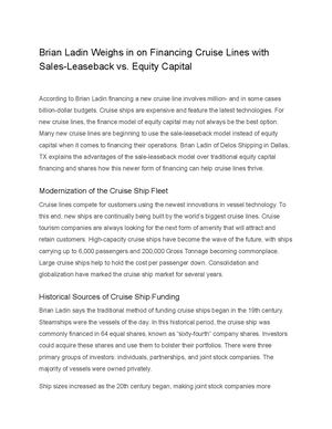 Brian Ladin Weighs in on Financing Cruise Lines with Sales-Leaseback vs. Equity Capital
