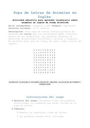 Sopa De Letras En Ingles Animales