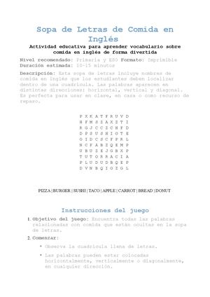Sopa De Letras En Ingles Comida