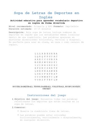 Sopa De Letras En Ingles Deportes