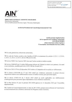 Arrêté Portant Régularisation De La Capacité De La Résidence Autonomie Les Pragneres à Izernore Et Gérée à Ads