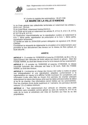26 AT 1188 Réglementation Du Stationnement Et De La Circulation Rue Du Fosse Warin Du 10 08 2026 Au 21 08 2026- Publiée Le 30 07 2026