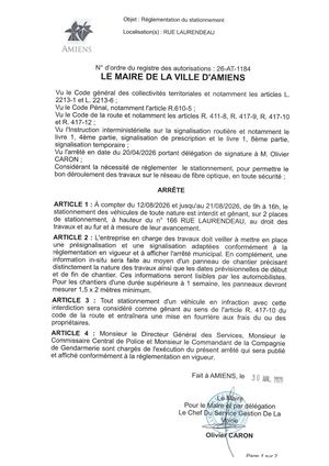 26 AT 1184 Réglementation Du Stationnement Rue Laurendeau Du 12 08 2026 Au 21 08 2026- Publiée Le 30 07 202