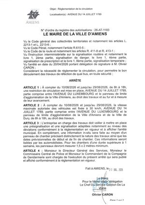 26 AT 1183 Réglementation De La Circulation Avenue Du 14 Juillet 1789 Du 10 08 2026 Au 29 08 2026 - Publiée Le 30 07 2026