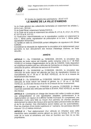 26 AT 1177  Réglementation De La Circulation Et Du Stationnement Rue Voyelle Du 17 08 2026 Au 19 08 2026 - Publiée Le 30 07 2026