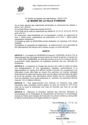 26 AT 1176  Réglementation Du Stationnement Rue Des Lombards Le 03 08 2026 Au 13 08 2026 - Publiée Le 30 07 2026