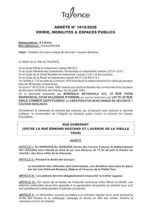 Arrete 1812-2026-Creation Sens Unique De Securite + Coussin Berlinois Du 4 Au 12-08-2026-Publié Le 30 07 2026