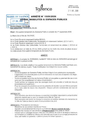 Arrete 1509-Tarification Occupation Domaine Public A Compter Du 01-09-2026-Publié Le 30 07 2026