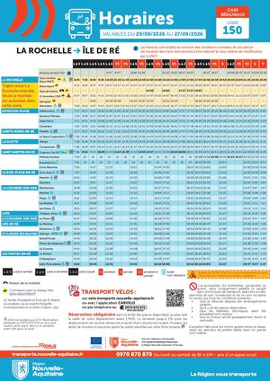 Horaires bus ligne 150 Ile de Ré Du 29082026 Au 27092026 / Bus timetable line 150, 29082026 to 27092026